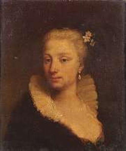 portrait-of-a-lady-bust-length-in-black-costume-with-a-white-collar-and-flowers-in-her-hair