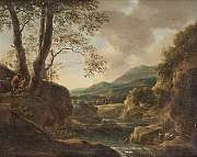 an-italianate-landscape-at-dusk-with-shepherds-resting-on-a-riverbank-above-a-waterfall