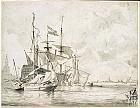 a-dutch-warship-at-anchor-with-smaller-boats-moored-alongside