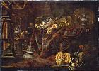 an-interior-with-a-fruit-laden-large-pewter-dish-on-a-table-draped-with-a-patterned-carpet-an-incense-burner-melons-and-other