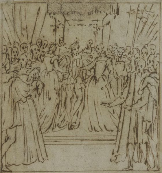 a-king-under-a-canopy-presented-to-his-people-and-a-king-escorted-by-foot-soldiers-a-pair-of-drawings