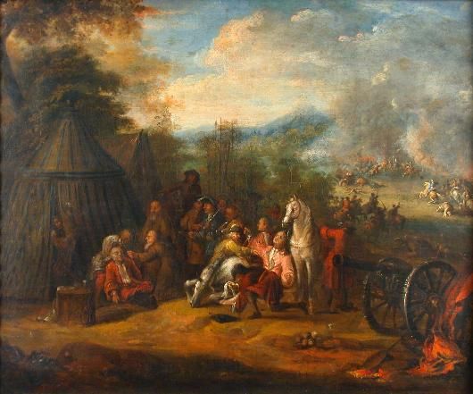 a-cavalry-skirmish-with-an-injured-cavalryman-and-a-grey-horse-in-the-foreground
