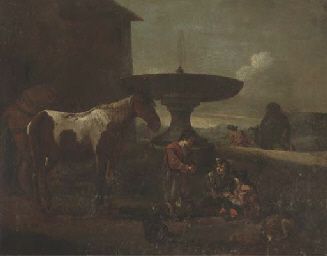 an-italianate-landscape-with-an-ostler-and-horses-conversing-with-travellers-resting-by-a-fountain