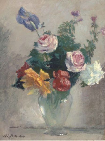 iris-carnation-and-roses-in-a-glass-vase