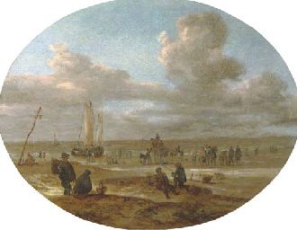 fishermen-trading-on-a-beach-with-a-sailing-vessel-in-rough-waters-beyond