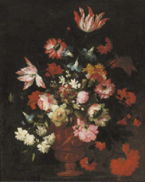 tulips-roses-morning-glory-and-other-flowers-in-a-sculpted-terracotta-vase-on-a-stone-ledge