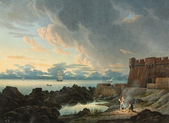 corfu-coastal-fortification-at-sunset-with-ships-at-sea-and-figures-by-a-fire-in-the-foregorund