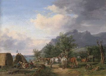 an-encampment-by-a-river-in-a-mountainous-landscape