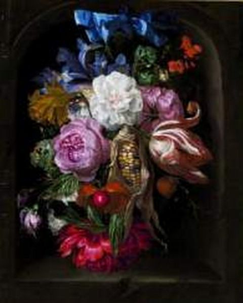 nature-morte-au-ruban-bleu-fleurs-et-fruits-dans-une-niche