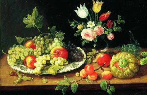 nature-morte-au-plat-de-fruits-et-au-bouquet-de-fleurs-sur-un-entablement