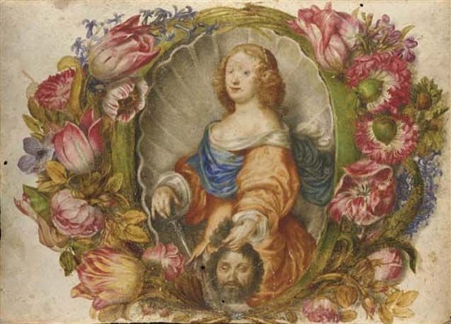 portrait-of-the-grand-duchess-vittoria-della-rovere-as-judith-in-a-shell-surrounded-by-a-garland-of-tulips-carnations-and-oth