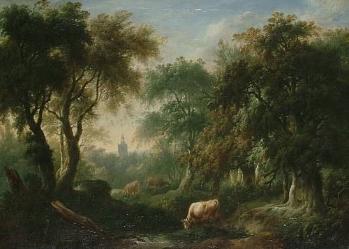 cattle-watering-in-a-wooded-landscape-before-a-tower