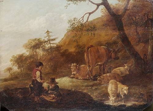 cattle-and-sheep-grazing-beside-a-stream-a-shepherd-and-shepherdess-with-their-dog-nearby