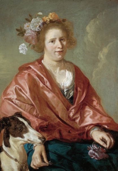 portrait-of-a-lady-with-flowers-in-her-hair-and-a-greyhound