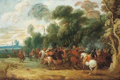 a-cavalry-engagement-near-the-edge-of-a-forest