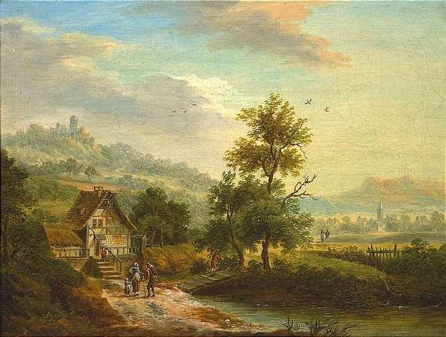 burggesaumte-flu-landschaft-mit-landvolk-vor-einer-muhle