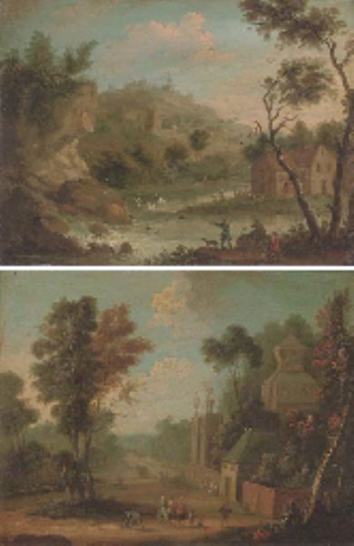 a-landscape-with-figures-on-a-track-by-a-country-house-and-a-mountainous-river-landscape-with-hunters-by-a-waterfal