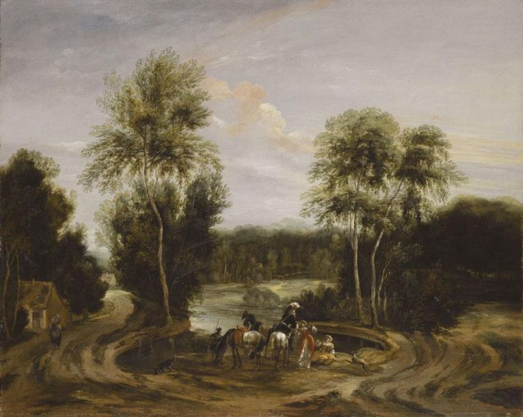 a-wooded-landscape-with-an-elegant-hunting-party-beside-a-lake