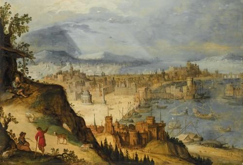 a-panoramic-view-of-an-imaginary-city-with-travellers-resting-in-the-foreground