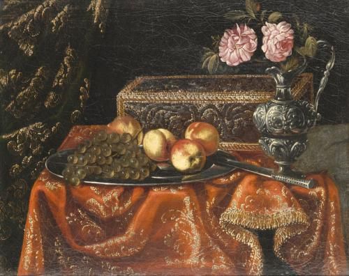 a-still-life-with-grapes-and-peaches-on-a-pewter-plate-together-with-an-inlaid-coffer-and-roses-in-a-pewter-ewer-on-a-table-dra