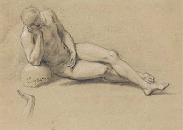 homme-nu-allonge-et-accoude-a-une-pierre-et-etude-de-main
