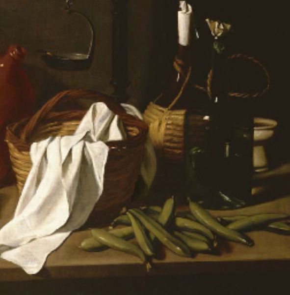 a-kitchen-still-life-a-candlestick-an-earthenware-jar-a-porcelain-soup-bowl-a-basket-and-tablecloth-two-bottles-beans-and