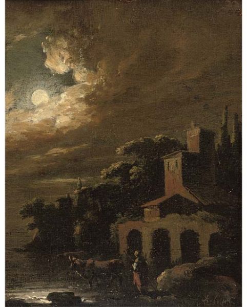 a-moonlit-river-landscape-with-a-drover-and-cattle-by-a-house