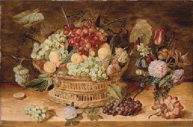grapes-apricots-and-plums-in-a-basket-liles-peonies-fritillaries-and-other-flowers-in-a-glass-vase-with-grapes-a-halved-pl