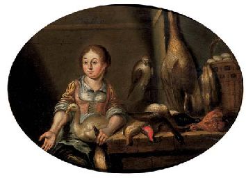 a-maid-in-a-kitchen-seated-by-a-table-laden-with-dead-game