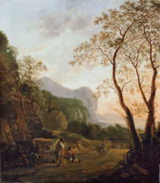 sudliche-landschaft-mit-wanderern-und-pferdefuhrwerk