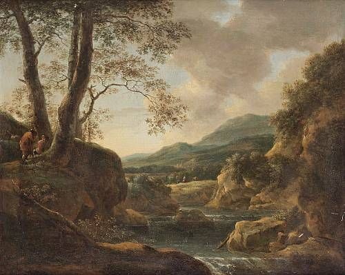 an-italianate-landscape-at-dusk-with-shepherds-resting-on-a-riverbank-above-a-waterfall