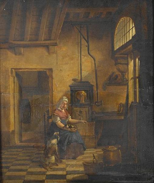 an-interior-with-a-young-woman-warming-herself-beside-a-stove-with-a-dog-on-her-lap-and-another-at-her-feet
