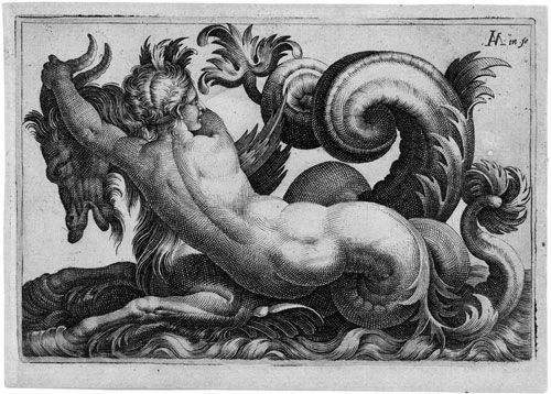 sirene-ein-seepferd-am-horn-fassend