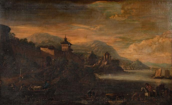 lakeland-landscape-figures-horses-and-boats-in-the-foreground-a-hilltop-town