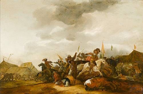 a-calvary-skirmish-before-a-military-encampment