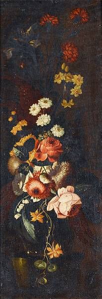 a-still-life-of-carnations-narcissi-roses-and-other-flowers-in-a-glass-vase-on-a-stone-ledge