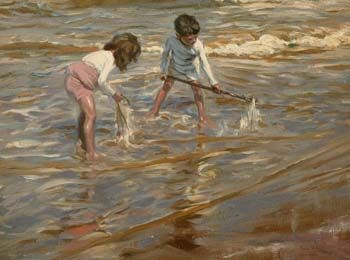 beach-scene-with-two-children-fishing-in-the-sea
