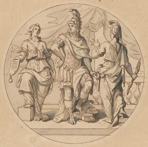 etude-pour-une-medaille-un-guerrier-entoure-par-deux-femmes-l-une-tenant-un-document-l-autre-la-foudre