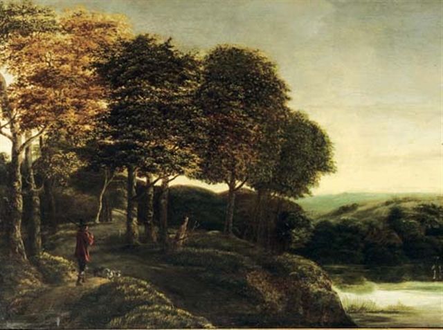 a-wooded-river-landscape-with-a-hunter-and-his-dogs-on-a-track