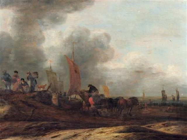 fisherfolk-on-a-beach-with-sailing-vessels-beyond