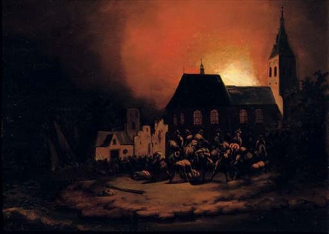 a-burning-village-at-night
