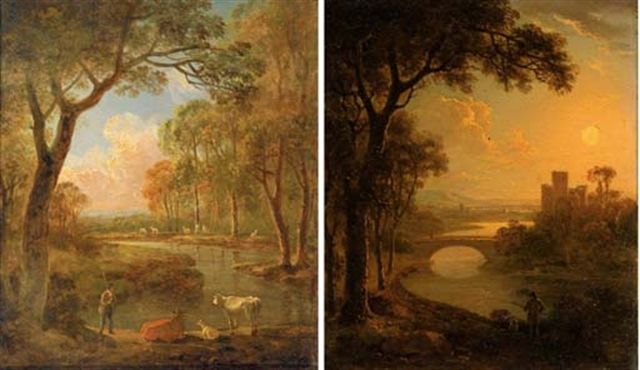 an-italianate-river-landscape-with-an-angler-at-sunset-and-a-wooded-landscape-with-a-shepherd-and-his-flock-by-a-stream