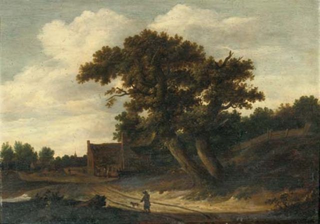 a-wooded-landscape-with-a-traveller-and-his-dog-on-a-track-a-village-with-peasants-beyond