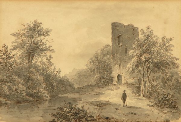 landschap-met-wandelaar-bij-een-ruine