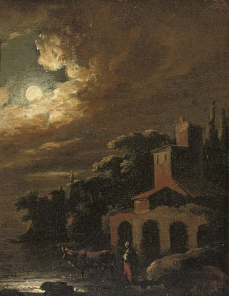 a-moonlit-river-landscape-with-a-drover-and-cattle-by-a-house