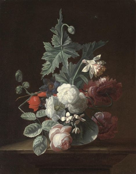 roses-an-anemone-jasmine-poppies-and-a-narcissus-in-a-glass-vase-on-a-stone-ledge