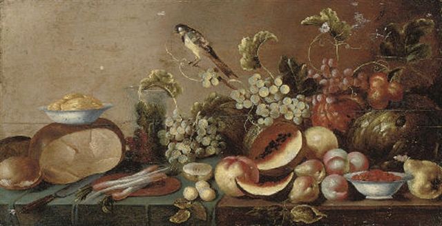 melons-peaches-pears-grapes-on-the-vine-and-other-fruit-with-a-bluetit-radishes-on-a-platter-bread-butter-and-a-knife-on