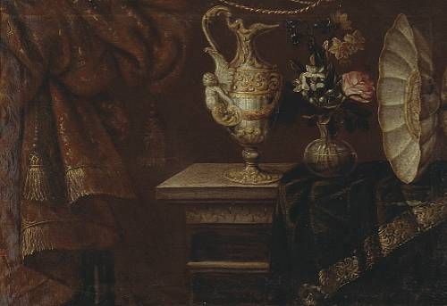 a-still-life-with-an-ewer-footed-basin-and-flowers-in-a-glass-vase-on-a-partially-draped-table