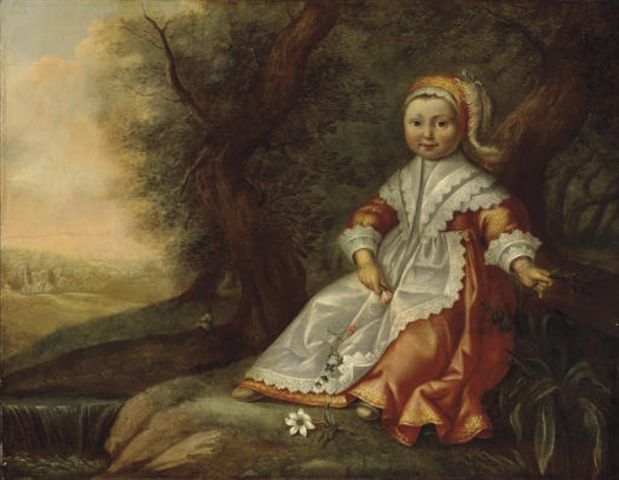 portrait-of-a-young-girl-full-length-seated-by-a-river-with-flowers-in-her-hands