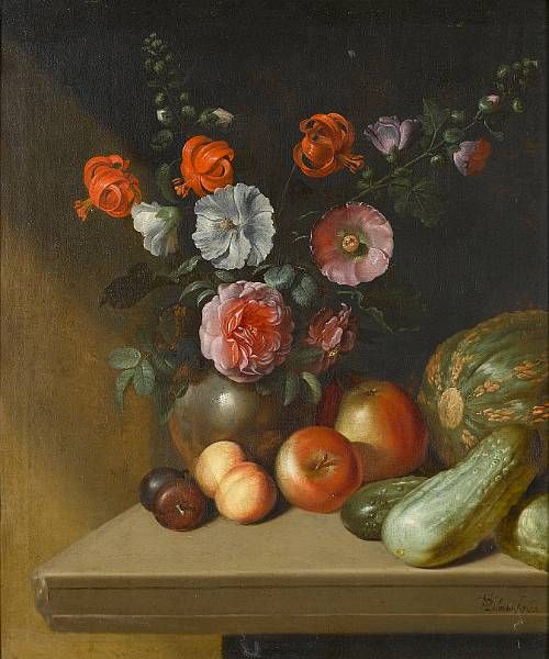 roses-delphiniums-red-turban-cap-lillies-and-other-flowers-in-a-pewter-vase-with-apples-plums-and-marrows-on-a-stone-ledge